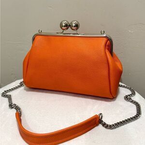 Orange Pebble Leather Handmade Large Balls Kiss Lock Handbag/ Multi Use Style